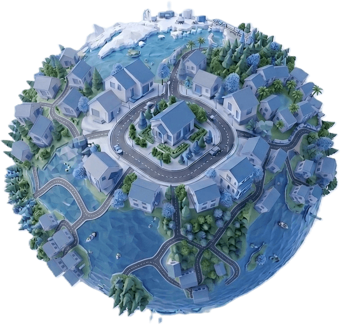 A neighborhood mapped on a tiny planet — turning one roof into the whole street